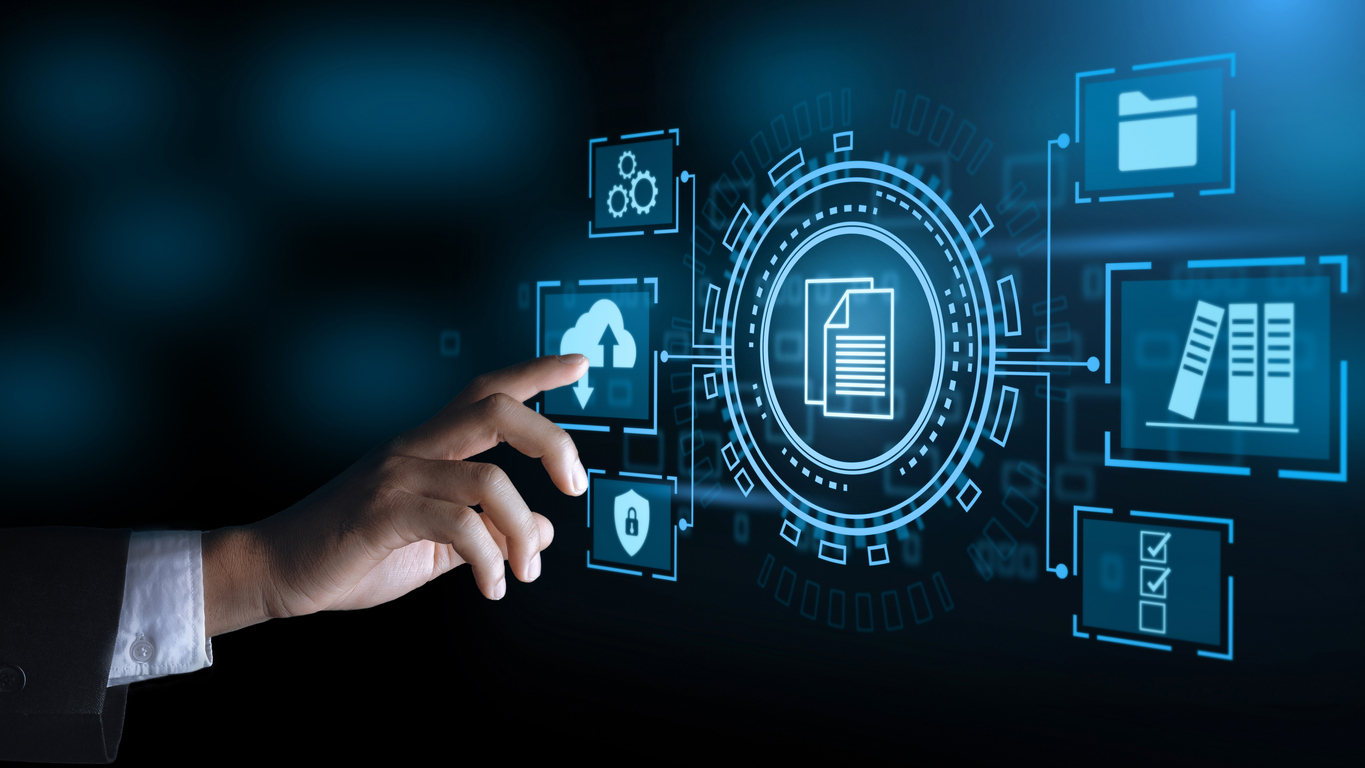 Business Hand Clicks Virtual Screen To Document Management, Online Documentation Database And Digital File Storage System/software, Records Keeping, Database Technology, File Access, Doc Sharing.