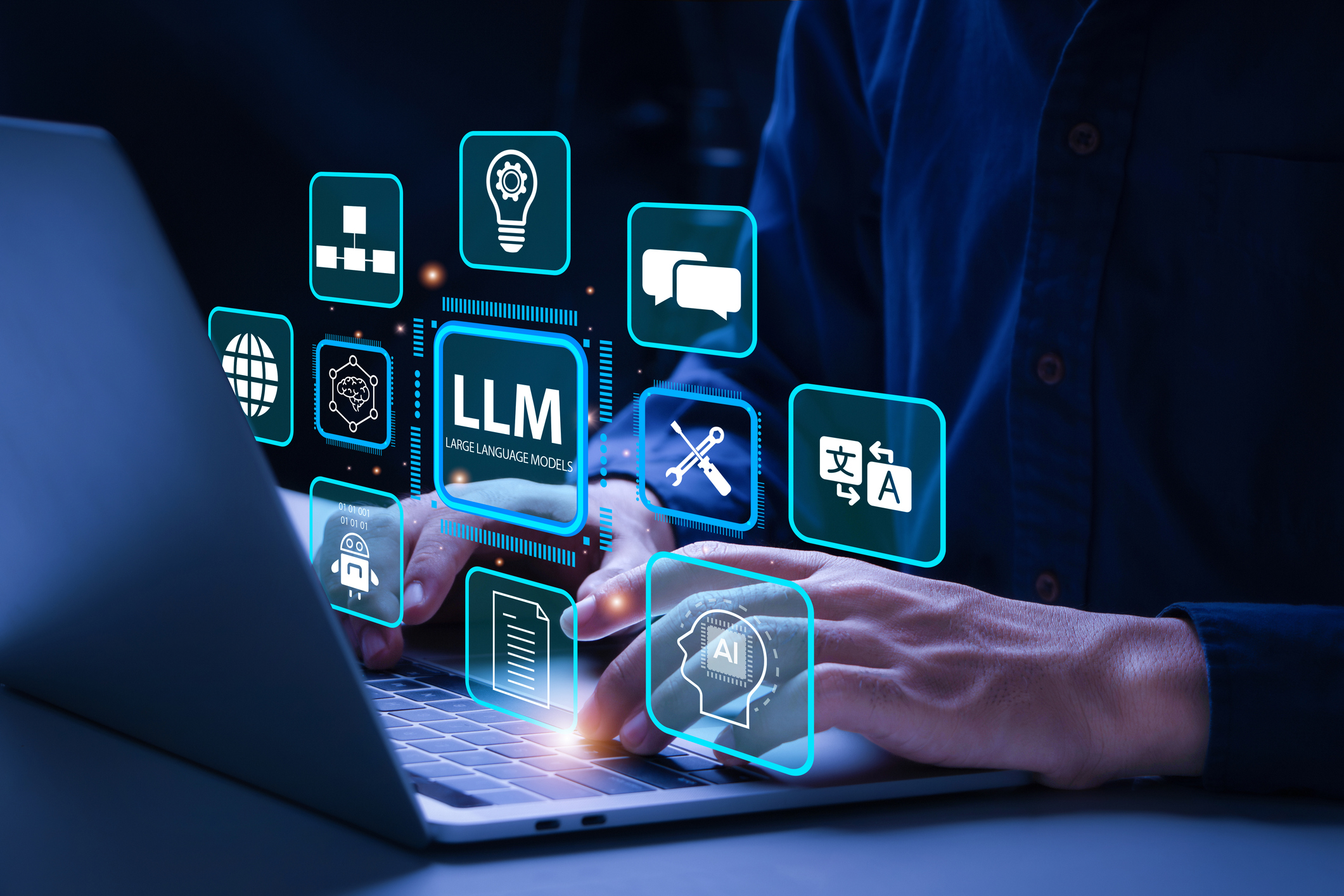 Llm, Ai Large Language Model Concept. Businessman Working On Laptop With Llm Icons On Virtual Screen. A Language Model Distinguished By Its General Purpose Language Generation Capability. Chat Ai.