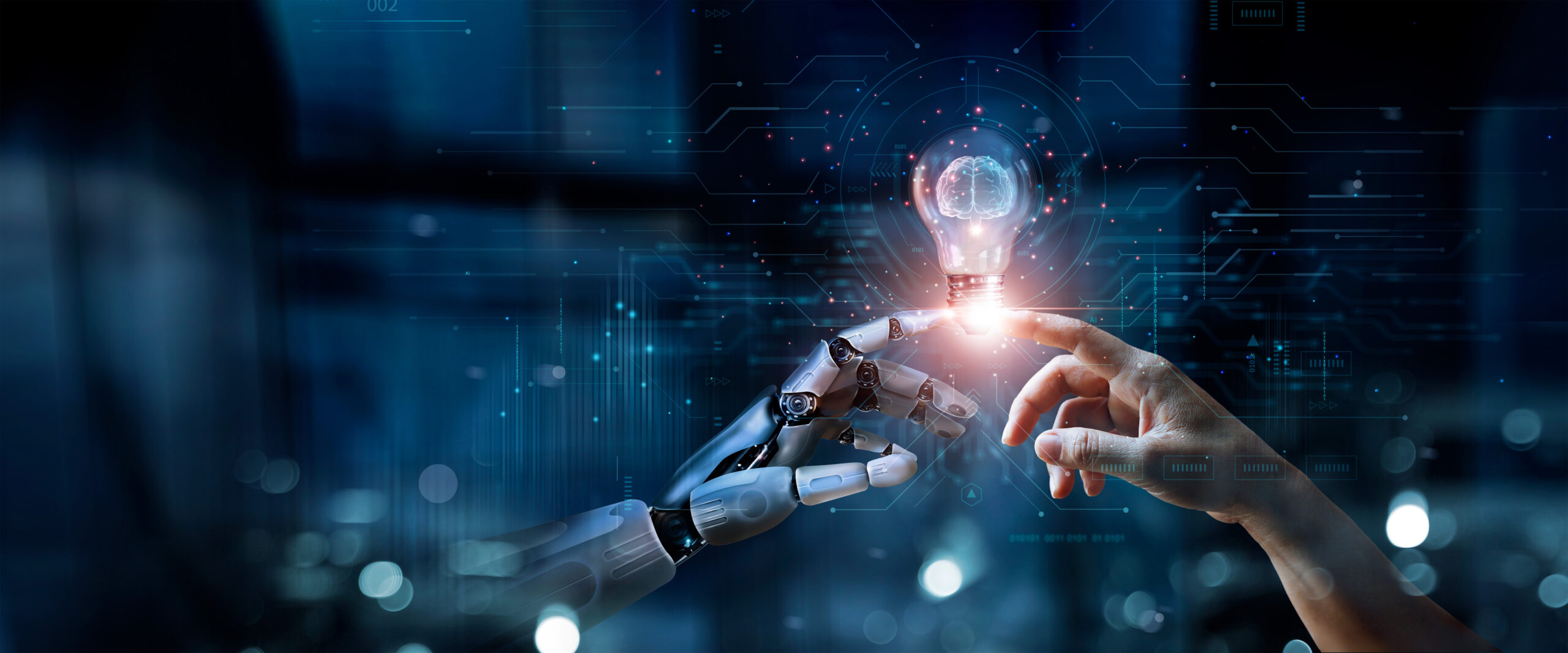 Ai, Machine Learning, Hands Of Robot And Human Touch On Big Data Network, Brain Data Creative In Light Bulb, Science And Artificial Intelligence Technology, Innovation For Futuristic.