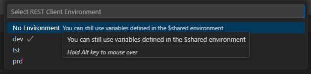 Visual Studio Code interface for selecting a REST Client environment.
